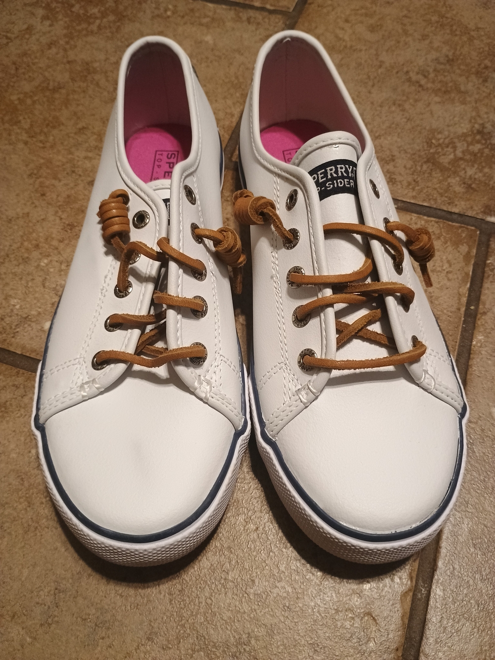 Sperry White Leather Sneakers with Brown Laces and Pink Insoles